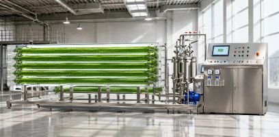 Tubular photobioreactor with green microalgae culture, stainless steel vessel and control panel